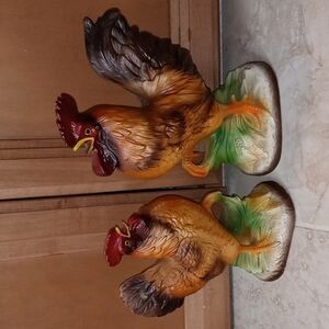 Set of ceramic chickens sticker still on it says New Orleans Japan